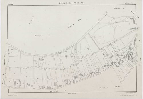 CHALO-SAINT-MARS, plans minutes de conservation : tableau d'assemblage,1957, Ech. 1/10000 ; plans des sections B, C, D, E, F, G, H, J, K, L, M, N, O, P, Q, R, S, T, U, V, W, XA, 1954, Ech. 1/2000, sections I1, I2, I3, 1957, Ech. 1/1000, sections ZA, ZB, Z