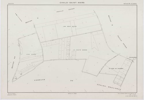 CHALO-SAINT-MARS, plans minutes de conservation : tableau d'assemblage,1957, Ech. 1/10000 ; plans des sections B, C, D, E, F, G, H, J, K, L, M, N, O, P, Q, R, S, T, U, V, W, XA, 1954, Ech. 1/2000, sections I1, I2, I3, 1957, Ech. 1/1000, sections ZA, ZB, Z
