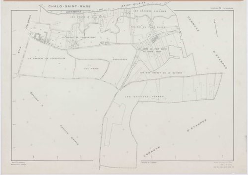 CHALO-SAINT-MARS, plans minutes de conservation : tableau d'assemblage,1957, Ech. 1/10000 ; plans des sections B, C, D, E, F, G, H, J, K, L, M, N, O, P, Q, R, S, T, U, V, W, XA, 1954, Ech. 1/2000, sections I1, I2, I3, 1957, Ech. 1/1000, sections ZA, ZB, Z