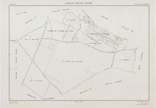 CHALO-SAINT-MARS, plans minutes de conservation : tableau d'assemblage,1957, Ech. 1/10000 ; plans des sections B, C, D, E, F, G, H, J, K, L, M, N, O, P, Q, R, S, T, U, V, W, XA, 1954, Ech. 1/2000, sections I1, I2, I3, 1957, Ech. 1/1000, sections ZA, ZB, Z