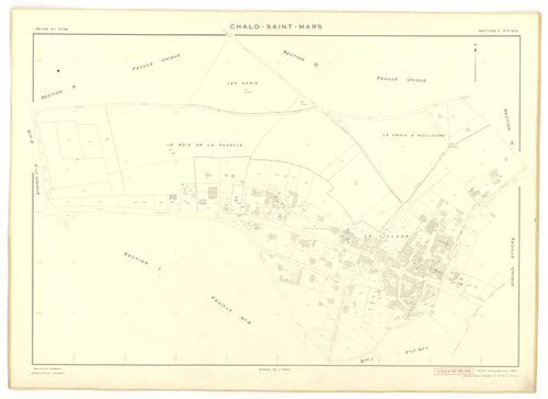 Plans minutes de conservation : CHALO-SAINT-MARS : tableau d'assemblage, ech. 1/10000 (1957), sections B, C, D, E, F, G, H, J, K, L, M, N, O, P, Q, R, S, T, U, V, W, Y, Z, XA, XB, ech. 1/2000 (1957), sections I1, I2, I3, ech. 1/1000 (1957), NB, papier, 10
