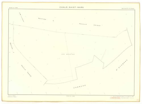 Plans minutes de conservation : CHALO-SAINT-MARS : tableau d'assemblage, ech. 1/10000 (1957), sections B, C, D, E, F, G, H, J, K, L, M, N, O, P, Q, R, S, T, U, V, W, Y, Z, XA, XB, ech. 1/2000 (1957), sections I1, I2, I3, ech. 1/1000 (1957), NB, papier, 10