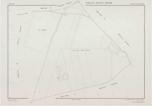 CHALO-SAINT-MARS, plans minutes de conservation : tableau d'assemblage,1957, Ech. 1/10000 ; plans des sections B, C, D, E, F, G, H, J, K, L, M, N, O, P, Q, R, S, T, U, V, W, XA, 1954, Ech. 1/2000, sections I1, I2, I3, 1957, Ech. 1/1000, sections ZA, ZB, Z