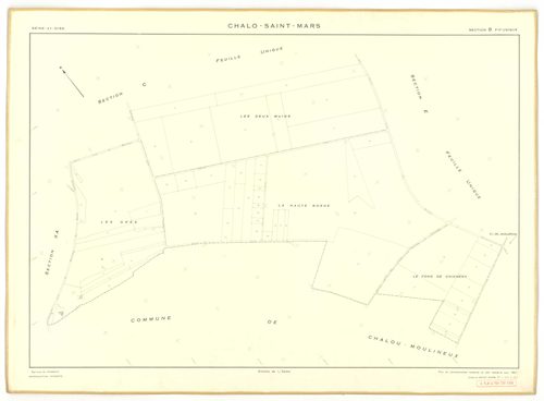 Plans minutes de conservation : CHALO-SAINT-MARS : tableau d'assemblage, ech. 1/10000 (1957), sections B, C, D, E, F, G, H, J, K, L, M, N, O, P, Q, R, S, T, U, V, W, Y, Z, XA, XB, ech. 1/2000 (1957), sections I1, I2, I3, ech. 1/1000 (1957), NB, papier, 10