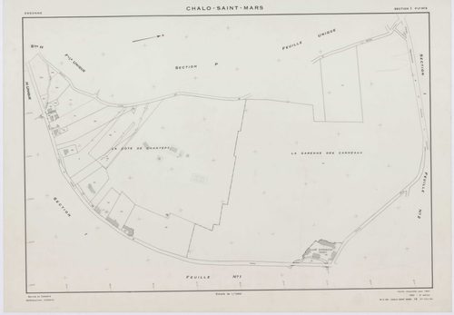 CHALO-SAINT-MARS, plans minutes de conservation : tableau d'assemblage,1957, Ech. 1/10000 ; plans des sections B, C, D, E, F, G, H, J, K, L, M, N, O, P, Q, R, S, T, U, V, W, XA, 1954, Ech. 1/2000, sections I1, I2, I3, 1957, Ech. 1/1000, sections ZA, ZB, Z