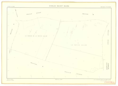 Plans minutes de conservation : CHALO-SAINT-MARS : tableau d'assemblage, ech. 1/10000 (1957), sections B, C, D, E, F, G, H, J, K, L, M, N, O, P, Q, R, S, T, U, V, W, Y, Z, XA, XB, ech. 1/2000 (1957), sections I1, I2, I3, ech. 1/1000 (1957), NB, papier, 10