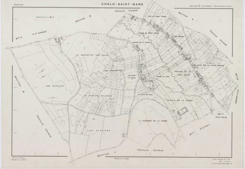 CHALO-SAINT-MARS, plans minutes de conservation : tableau d'assemblage,1957, Ech. 1/10000 ; plans des sections B, C, D, E, F, G, H, J, K, L, M, N, O, P, Q, R, S, T, U, V, W, XA, 1954, Ech. 1/2000, sections I1, I2, I3, 1957, Ech. 1/1000, sections ZA, ZB, Z