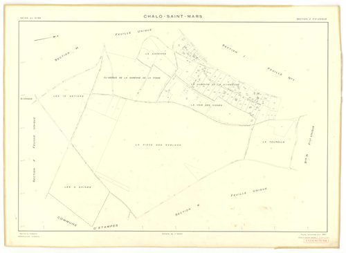 Plans minutes de conservation : CHALO-SAINT-MARS : tableau d'assemblage, ech. 1/10000 (1957), sections B, C, D, E, F, G, H, J, K, L, M, N, O, P, Q, R, S, T, U, V, W, Y, Z, XA, XB, ech. 1/2000 (1957), sections I1, I2, I3, ech. 1/1000 (1957), NB, papier, 10