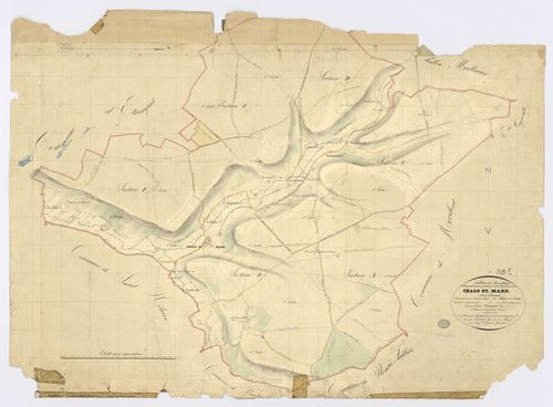CHALO-SAINT-MARS. - Plan d'assemblage, ech. 1/10000, coul., aquarelle, papier, 67x94 (1824). 