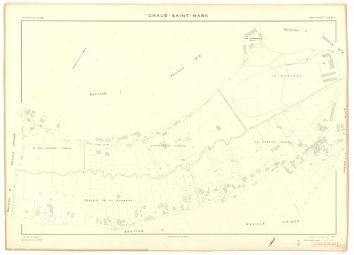 Plans minutes de conservation : CHALO-SAINT-MARS : tableau d'assemblage, ech. 1/10000 (1957), sections B, C, D, E, F, G, H, J, K, L, M, N, O, P, Q, R, S, T, U, V, W, Y, Z, XA, XB, ech. 1/2000 (1957), sections I1, I2, I3, ech. 1/1000 (1957), NB, papier, 10