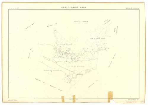 Plans minutes de conservation : CHALO-SAINT-MARS : tableau d'assemblage, ech. 1/10000 (1957), sections B, C, D, E, F, G, H, J, K, L, M, N, O, P, Q, R, S, T, U, V, W, Y, Z, XA, XB, ech. 1/2000 (1957), sections I1, I2, I3, ech. 1/1000 (1957), NB, papier, 10