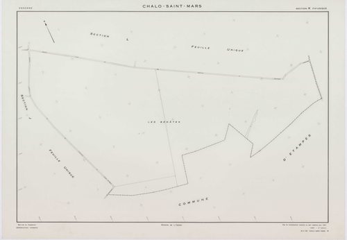 CHALO-SAINT-MARS, plans minutes de conservation : tableau d'assemblage,1957, Ech. 1/10000 ; plans des sections B, C, D, E, F, G, H, J, K, L, M, N, O, P, Q, R, S, T, U, V, W, XA, 1954, Ech. 1/2000, sections I1, I2, I3, 1957, Ech. 1/1000, sections ZA, ZB, Z
