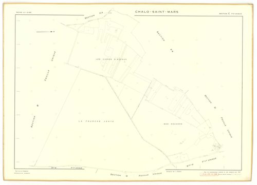 Plans minutes de conservation : CHALO-SAINT-MARS : tableau d'assemblage, ech. 1/10000 (1957), sections B, C, D, E, F, G, H, J, K, L, M, N, O, P, Q, R, S, T, U, V, W, Y, Z, XA, XB, ech. 1/2000 (1957), sections I1, I2, I3, ech. 1/1000 (1957), NB, papier, 10