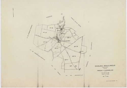 CHALOU-MOULINEUX, plans minutes de conservation : tableau d'assemblage,1954, Ech. 1/10000 ; plans des section P, 1954, Ech. 1/1000, sections Q, U, V, W, X, Y, Z, 1954, Ech. 1/2000, section ZA, 1982, Ech. 1/2000, sections ZB, ZC, ZD, 1994, Ech. 1/2000. Pol