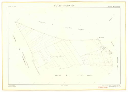Plans minutes de conservation : CHALOU-MOULINEUX : tableau d'assemblage, ech. 1/10000 (1954), sections P, ech. 1/1000, sections Q, R, S, T, U, V, W, X, Y, Z, ech. 1/2000 (1954), section ZA, ech. 1/2000 (1979), NB, papier, 105x80 [13 plans]. 
