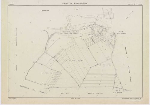 CHALOU-MOULINEUX, plans minutes de conservation : tableau d'assemblage,1954, Ech. 1/10000 ; plans des section P, 1954, Ech. 1/1000, sections Q, U, V, W, X, Y, Z, 1954, Ech. 1/2000, section ZA, 1982, Ech. 1/2000, sections ZB, ZC, ZD, 1994, Ech. 1/2000. Pol