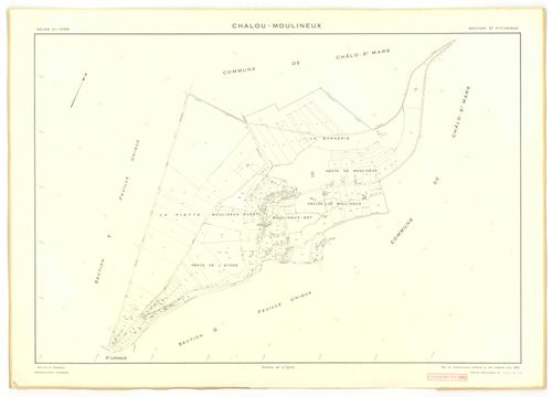 Plans minutes de conservation : CHALOU-MOULINEUX : tableau d'assemblage, ech. 1/10000 (1954), sections P, ech. 1/1000, sections Q, R, S, T, U, V, W, X, Y, Z, ech. 1/2000 (1954), section ZA, ech. 1/2000 (1979), NB, papier, 105x80 [13 plans]. 