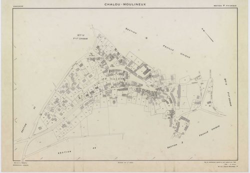 CHALOU-MOULINEUX, plans minutes de conservation : tableau d'assemblage,1954, Ech. 1/10000 ; plans des section P, 1954, Ech. 1/1000, sections Q, U, V, W, X, Y, Z, 1954, Ech. 1/2000, section ZA, 1982, Ech. 1/2000, sections ZB, ZC, ZD, 1994, Ech. 1/2000. Pol