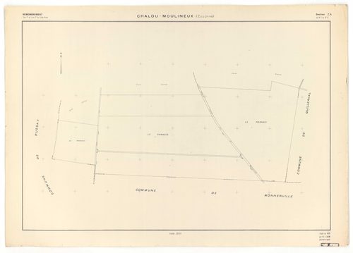 Plans minutes de conservation : CHALOU-MOULINEUX : tableau d'assemblage, ech. 1/10000 (1954), sections P, ech. 1/1000, sections Q, R, S, T, U, V, W, X, Y, Z, ech. 1/2000 (1954), section ZA, ech. 1/2000 (1979), NB, papier, 105x80 [13 plans]. 