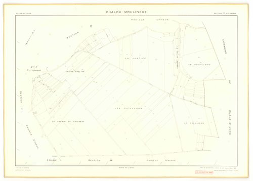 Plans minutes de conservation : CHALOU-MOULINEUX : tableau d'assemblage, ech. 1/10000 (1954), sections P, ech. 1/1000, sections Q, R, S, T, U, V, W, X, Y, Z, ech. 1/2000 (1954), section ZA, ech. 1/2000 (1979), NB, papier, 105x80 [13 plans]. 