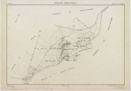 CHALOU-MOULINEUX, plans minutes de conservation : tableau d'assemblage,1954, Ech. 1/10000 ; plans des section P, 1954, Ech. 1/1000, sections Q, U, V, W, X, Y, Z, 1954, Ech. 1/2000, section ZA, 1982, Ech. 1/2000, sections ZB, ZC, ZD, 1994, Ech. 1/2000. Pol