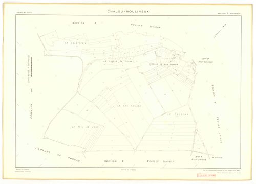 Plans minutes de conservation : CHALOU-MOULINEUX : tableau d'assemblage, ech. 1/10000 (1954), sections P, ech. 1/1000, sections Q, R, S, T, U, V, W, X, Y, Z, ech. 1/2000 (1954), section ZA, ech. 1/2000 (1979), NB, papier, 105x80 [13 plans]. 