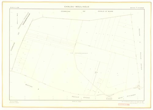 Plans minutes de conservation : CHALOU-MOULINEUX : tableau d'assemblage, ech. 1/10000 (1954), sections P, ech. 1/1000, sections Q, R, S, T, U, V, W, X, Y, Z, ech. 1/2000 (1954), section ZA, ech. 1/2000 (1979), NB, papier, 105x80 [13 plans]. 