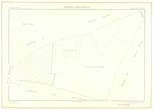 Plans minutes de conservation : CHALOU-MOULINEUX : tableau d'assemblage, ech. 1/10000 (1954), sections P, ech. 1/1000, sections Q, R, S, T, U, V, W, X, Y, Z, ech. 1/2000 (1954), section ZA, ech. 1/2000 (1979), NB, papier, 105x80 [13 plans]. 