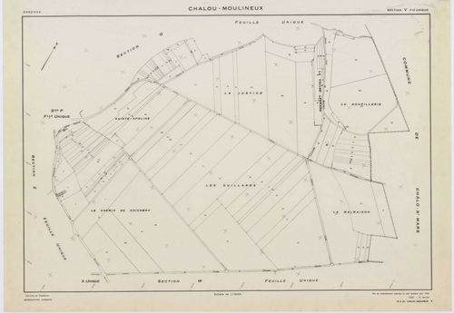 CHALOU-MOULINEUX, plans minutes de conservation : tableau d'assemblage,1954, Ech. 1/10000 ; plans des section P, 1954, Ech. 1/1000, sections Q, U, V, W, X, Y, Z, 1954, Ech. 1/2000, section ZA, 1982, Ech. 1/2000, sections ZB, ZC, ZD, 1994, Ech. 1/2000. Pol