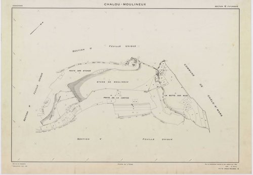 CHALOU-MOULINEUX, plans minutes de conservation : tableau d'assemblage,1954, Ech. 1/10000 ; plans des section P, 1954, Ech. 1/1000, sections Q, U, V, W, X, Y, Z, 1954, Ech. 1/2000, section ZA, 1982, Ech. 1/2000, sections ZB, ZC, ZD, 1994, Ech. 1/2000. Pol