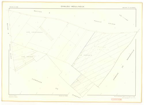Plans minutes de conservation : CHALOU-MOULINEUX : tableau d'assemblage, ech. 1/10000 (1954), sections P, ech. 1/1000, sections Q, R, S, T, U, V, W, X, Y, Z, ech. 1/2000 (1954), section ZA, ech. 1/2000 (1979), NB, papier, 105x80 [13 plans]. 