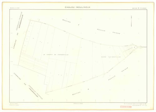Plans minutes de conservation : CHALOU-MOULINEUX : tableau d'assemblage, ech. 1/10000 (1954), sections P, ech. 1/1000, sections Q, R, S, T, U, V, W, X, Y, Z, ech. 1/2000 (1954), section ZA, ech. 1/2000 (1979), NB, papier, 105x80 [13 plans]. 