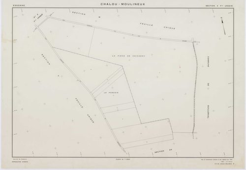 CHALOU-MOULINEUX, plans minutes de conservation : tableau d'assemblage,1954, Ech. 1/10000 ; plans des section P, 1954, Ech. 1/1000, sections Q, U, V, W, X, Y, Z, 1954, Ech. 1/2000, section ZA, 1982, Ech. 1/2000, sections ZB, ZC, ZD, 1994, Ech. 1/2000. Pol