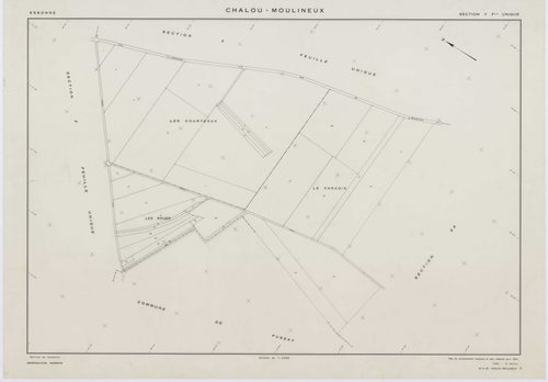 CHALOU-MOULINEUX, plans minutes de conservation : tableau d'assemblage,1954, Ech. 1/10000 ; plans des section P, 1954, Ech. 1/1000, sections Q, U, V, W, X, Y, Z, 1954, Ech. 1/2000, section ZA, 1982, Ech. 1/2000, sections ZB, ZC, ZD, 1994, Ech. 1/2000. Pol