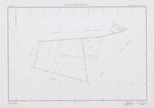 CHALOU-MOULINEUX, plans minutes de conservation : tableau d'assemblage,1954, Ech. 1/10000 ; plans des section P, 1954, Ech. 1/1000, sections Q, U, V, W, X, Y, Z, 1954, Ech. 1/2000, section ZA, 1982, Ech. 1/2000, sections ZB, ZC, ZD, 1994, Ech. 1/2000. Pol