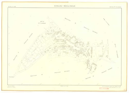 Plans minutes de conservation : CHALOU-MOULINEUX : tableau d'assemblage, ech. 1/10000 (1954), sections P, ech. 1/1000, sections Q, R, S, T, U, V, W, X, Y, Z, ech. 1/2000 (1954), section ZA, ech. 1/2000 (1979), NB, papier, 105x80 [13 plans]. 