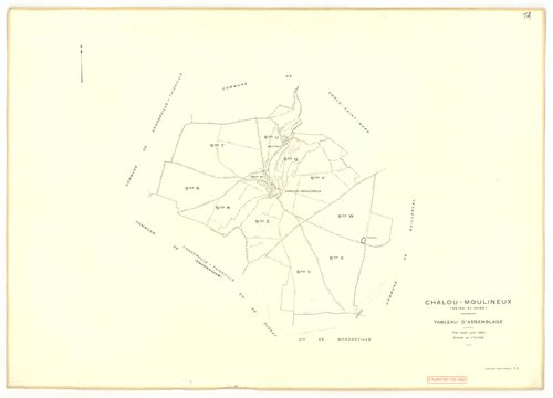 Plans minutes de conservation : CHALOU-MOULINEUX : tableau d'assemblage, ech. 1/10000 (1954), sections P, ech. 1/1000, sections Q, R, S, T, U, V, W, X, Y, Z, ech. 1/2000 (1954), section ZA, ech. 1/2000 (1979), NB, papier, 105x80 [13 plans]. 