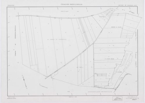 CHALOU-MOULINEUX, plans minutes de conservation : tableau d'assemblage,1954, Ech. 1/10000 ; plans des section P, 1954, Ech. 1/1000, sections Q, U, V, W, X, Y, Z, 1954, Ech. 1/2000, section ZA, 1982, Ech. 1/2000, sections ZB, ZC, ZD, 1994, Ech. 1/2000. Pol