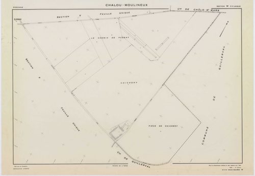 CHALOU-MOULINEUX, plans minutes de conservation : tableau d'assemblage,1954, Ech. 1/10000 ; plans des section P, 1954, Ech. 1/1000, sections Q, U, V, W, X, Y, Z, 1954, Ech. 1/2000, section ZA, 1982, Ech. 1/2000, sections ZB, ZC, ZD, 1994, Ech. 1/2000. Pol