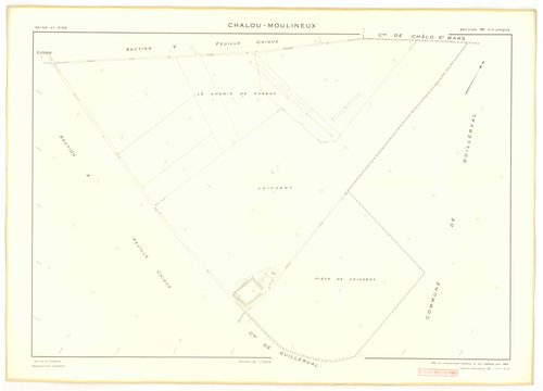 Plans minutes de conservation : CHALOU-MOULINEUX : tableau d'assemblage, ech. 1/10000 (1954), sections P, ech. 1/1000, sections Q, R, S, T, U, V, W, X, Y, Z, ech. 1/2000 (1954), section ZA, ech. 1/2000 (1979), NB, papier, 105x80 [13 plans]. 
