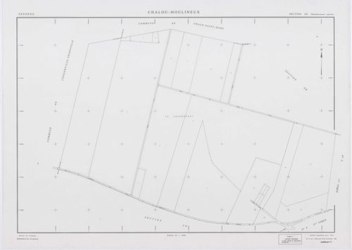 CHALOU-MOULINEUX, plans minutes de conservation : tableau d'assemblage,1954, Ech. 1/10000 ; plans des section P, 1954, Ech. 1/1000, sections Q, U, V, W, X, Y, Z, 1954, Ech. 1/2000, section ZA, 1982, Ech. 1/2000, sections ZB, ZC, ZD, 1994, Ech. 1/2000. Pol