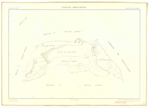 Plans minutes de conservation : CHALOU-MOULINEUX : tableau d'assemblage, ech. 1/10000 (1954), sections P, ech. 1/1000, sections Q, R, S, T, U, V, W, X, Y, Z, ech. 1/2000 (1954), section ZA, ech. 1/2000 (1979), NB, papier, 105x80 [13 plans]. 
