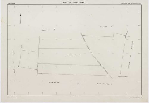 CHALOU-MOULINEUX, plans minutes de conservation : tableau d'assemblage,1954, Ech. 1/10000 ; plans des section P, 1954, Ech. 1/1000, sections Q, U, V, W, X, Y, Z, 1954, Ech. 1/2000, section ZA, 1982, Ech. 1/2000, sections ZB, ZC, ZD, 1994, Ech. 1/2000. Pol