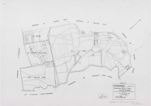 CHAMARANDE, plans minutes de conservation : tableau d'assemblage,1933, Ech. 1/10000 ; plans des sections A2, A3, A4, 1933, Ech. 1/1250, sections B, C, 1933, Ech. 1/2500, section ZA, 1963, Ech. 1/2000, section ZB, 1989, Ech. 1/2000. Polyester. N et B. Dim.
