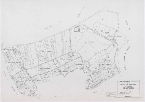 CHAMARANDE, plans minutes de conservation : tableau d'assemblage,1933, Ech. 1/10000 ; plans des sections A2, A3, A4, 1933, Ech. 1/1250, sections B, C, 1933, Ech. 1/2500, section ZA, 1963, Ech. 1/2000, section ZB, 1989, Ech. 1/2000. Polyester. N et B. Dim.