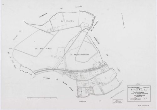 CHAMARANDE, plans minutes de conservation : tableau d'assemblage,1933, Ech. 1/10000 ; plans des sections A2, A3, A4, 1933, Ech. 1/1250, sections B, C, 1933, Ech. 1/2500, section ZA, 1963, Ech. 1/2000, section ZB, 1989, Ech. 1/2000. Polyester. N et B. Dim.