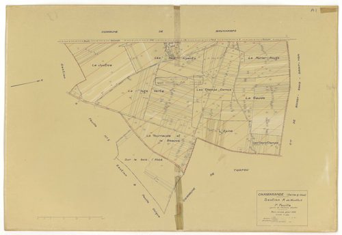 Plans minutes de conservation : CHAMARANDE : tableau d'assemblage, ech. 1/10000 (1933), sections A1, A2, A3, A4, ech. 1/1250 (1933-1939), sections B, C, ech. 1/2500 (1933), section ZA, ech. 1/2000 (1963), NB, papier, 105x80 [8 plans]. 