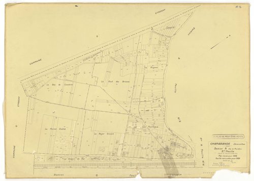 Plans minutes de conservation : CHAMARANDE : tableau d'assemblage, ech. 1/10000 (1933), sections A1, A2, A3, A4, ech. 1/1250 (1933-1939), sections B, C, ech. 1/2500 (1933), section ZA, ech. 1/2000 (1963), NB, papier, 105x80 [8 plans]. 