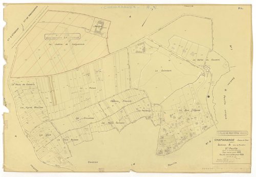 Plans minutes de conservation : CHAMARANDE : tableau d'assemblage, ech. 1/10000 (1933), sections A1, A2, A3, A4, ech. 1/1250 (1933-1939), sections B, C, ech. 1/2500 (1933), section ZA, ech. 1/2000 (1963), NB, papier, 105x80 [8 plans]. 