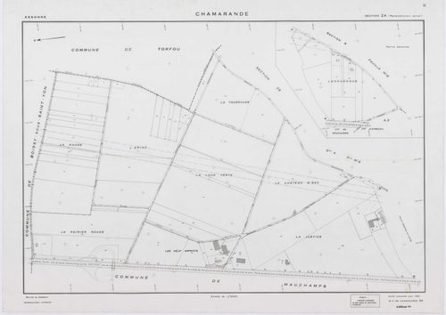 CHAMARANDE, plans minutes de conservation : tableau d'assemblage,1933, Ech. 1/10000 ; plans des sections A2, A3, A4, 1933, Ech. 1/1250, sections B, C, 1933, Ech. 1/2500, section ZA, 1963, Ech. 1/2000, section ZB, 1989, Ech. 1/2000. Polyester. N et B. Dim.